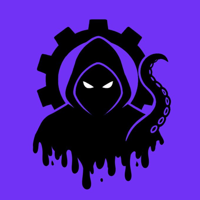 A hooded figure with glowing white eyes and a tentacle is silhouetted against a purple background with a gear shape behind them, featuring a dripping black ink effect at the bottom.
