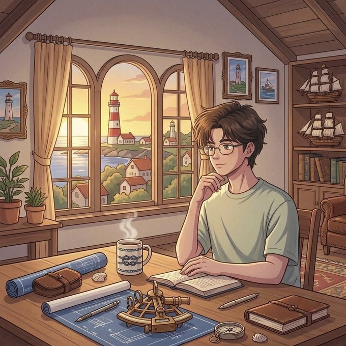 An anime-style illustration of a young bespectacled man sitting at a desk with blueprints, a sextant, and compass, with a lighthouse visible through the window behind him and ship models on shelves.