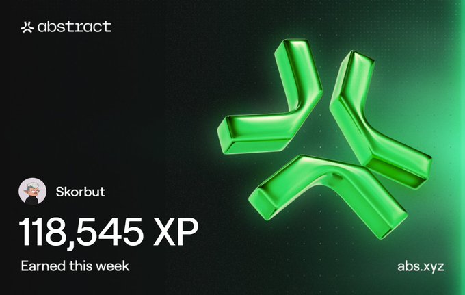Abstract platform graphic showing Skorbut with 118,545 XP earned this week alongside a glowing green 3D logo.