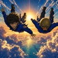 An animated scene shows two characters in blue cloaks falling through clouds toward a bright sunset.