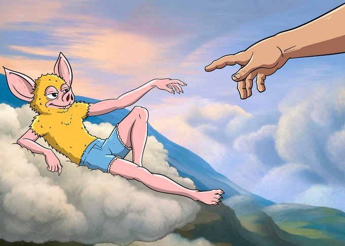 A humorous illustration parodies Michelangelo's "The Creation of Adam," showing a furry, anthropomorphic character with bat-like ears reclining on a cloud as a giant human hand reaches down from the sky to touch its finger.

The image clearly relates to "this is a sign" by depicting a literal interpretation of a "sign from the heavens"—a divine touch or message descending from above to connect with the viewer.