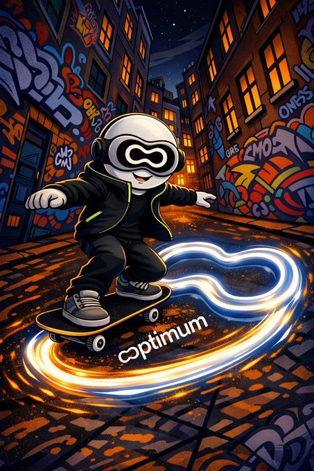 A cartoon robot character with goggles and headphones skateboards through a graffiti-covered alleyway at night, with the word "optimum" glowing in a light trail beneath it, visually capturing the post's message about @get_optimum as a fast, forward-moving blockchain project focused on improving speed and reducing latency.