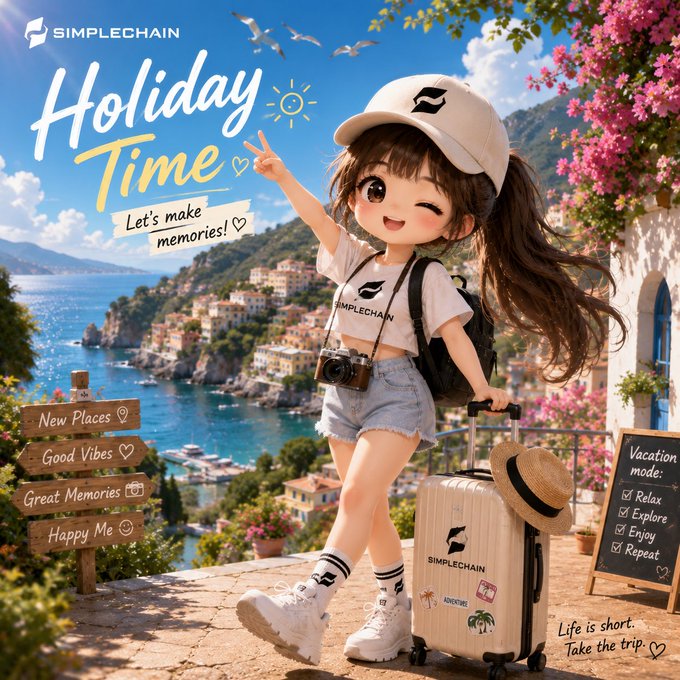 An illustrated anime-style advertisement for "SIMPLECHAIN" featuring a cute girl in a cap holding a suitcase, with text reading "Holiday Time - Let's make memories!" and "Life is short. Take the trip."