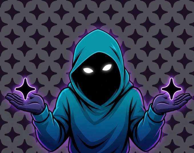 A hooded figure with glowing white eyes and teal sleeves holds two glowing purple four-pointed stars, matching the post's theme of showcasing hand-drawn PFP art while hinting at the mystical elements of the BIWLS collection.