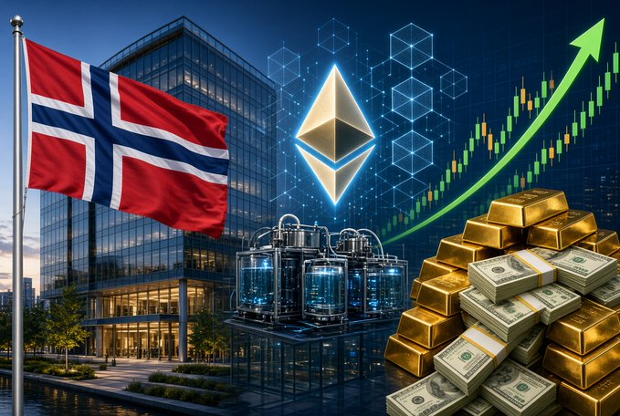 A composite image showing the Norwegian flag, the Ethereum cryptocurrency logo, a rising green stock chart arrow, gold bars, stacks of dollar bills, and a modern glass office building.