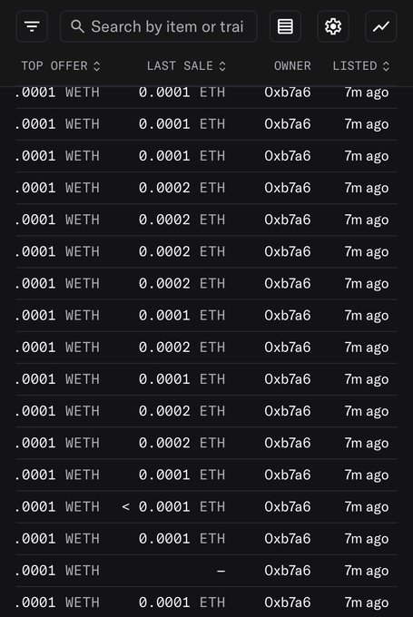 A screenshot of an NFT trading interface showing multiple listings for WETH at 0.0001 each, owned by address 0xb7a6.