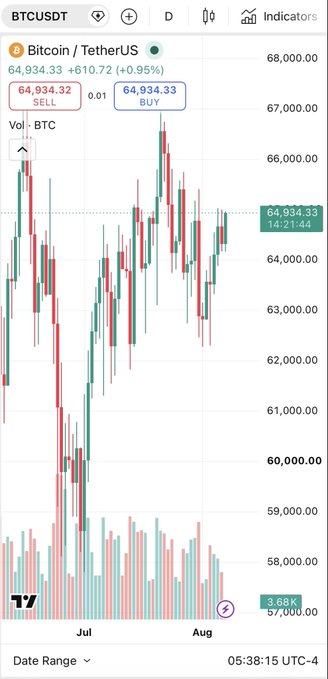A BTCUSDT trading chart on TradingView showing Bitcoin price at 64,934.33, up 610.72 (+0.95%), with candlesticks spanning from late June to early August 2024.