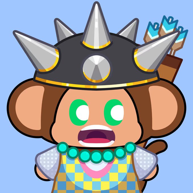 A cartoon monkey character wearing a spiked crown, checkered clothing, and a turquoise necklace, with arrows in a quiver on its back.