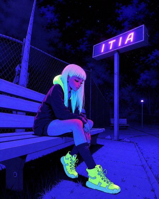 A neon-colored cyberpunk illustration of a young woman with blonde hair sitting on a wooden bench at night under a glowing 'ITIA' sign, wearing a dark hoodie and bright yellow-green sneakers.