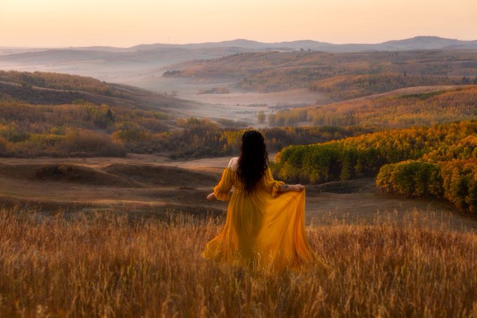 A woman with long dark hair wearing a flowing yellow dress stands in a grassy field, looking out over a vast landscape of autumn-colored trees and rolling hills.
