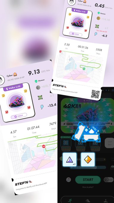 A collage of screenshots from the STEPN app showing sneaker NFTs (Walker and Cyber), fitness tracking stats with GPS maps, and the app's marketplace interface.