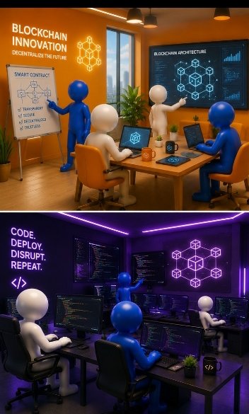 A digital collage shows stylized 3D figures in two scenes—a bright room labeled 'BLOCKCHAIN INNOVATION' and a dark purple room labeled 'CODE. DEPLOY. DISRUPT. REPEAT.'—collaborating on blockchain projects.