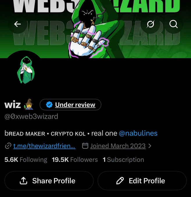 A Twitter/X profile screenshot for "wiz 🧙‍♂️" (@0xweb3wizard) with an "Under review" verification badge, describing themselves as "bREAD MAKER • CRYPTO KOL • real one @nabulines" with 5.6K following and 19.5K followers.