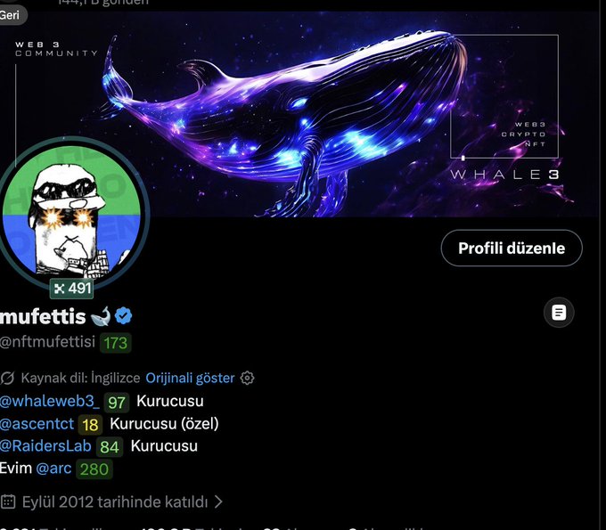 A Twitter/X profile page for 'mufettis' (@nftmuffetisi) with a verified badge, displaying a Bored Ape-style NFT avatar, a banner featuring a cosmic whale illustration labeled 'WHALE3', and follower counts including @whaleweb3, @ascentct, and @RaidersLab.