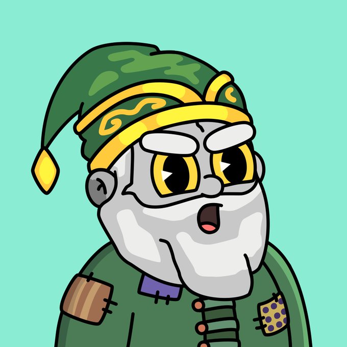 A cartoon illustration of a gray-bearded gnome wearing a green nightcap with yellow trim and a patched green coat, featuring large surprised eyes. The whimsical character fits the playful NFT shopping context, depicting the gnome collectible acquired on OpenSea.