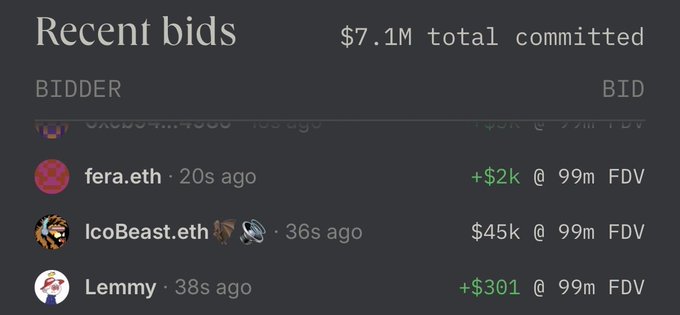 A screenshot of a 'Recent bids' section showing $7.1M total committed, with bidders including fera.eth (+$2k), IcoBeast.eth ($45k), and Lemmy (+$301), all at 99m FDV.