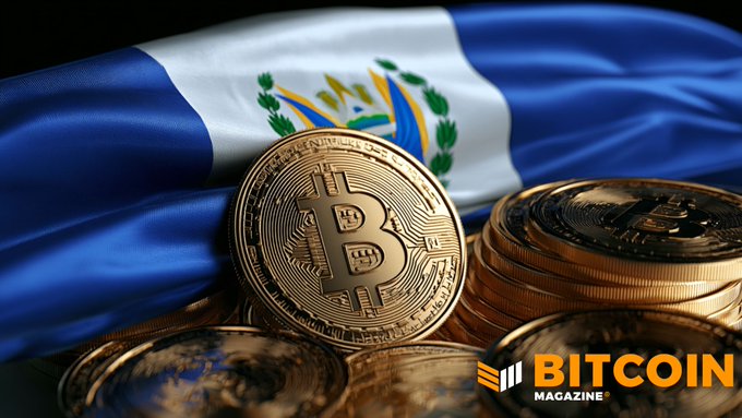 Bitcoin Magazine promotional image showing a stack of gold Bitcoin coins placed in front of the flag of El Salvador, with the BITCOIN MAGAZINE logo.