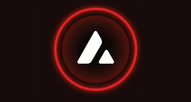 A red neon circular logo featuring the Avalanche (AVAX) symbol on a black background.
