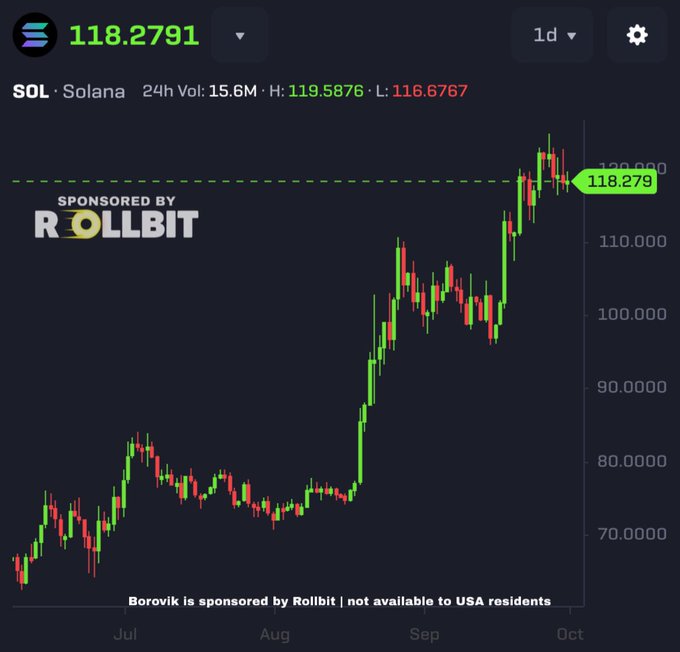 A candlestick chart showing the price of Solana (SOL) at $118.2791, with a 24-hour volume of $15.6M. The chart features a 'Sponsored by Rollbit' advertisement and notes that 'Borovik is sponsored by Rollbit | not available to USA residents'.