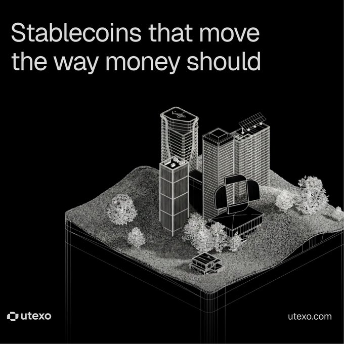A sleek black-and-white isometric cityscape featuring skyscrapers and trees is overlaid with the headline "Stablecoins that move the way money should," along with the Utexo logo and website (utexo.com). The futuristic urban scene visually reinforces the ad's message about integrating Utexo for instant, confidential USDT stablecoin payments that transform how money moves through modern apps.
