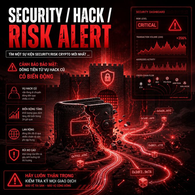 A red and black security warning graphic titled 'SECURITY / HACK / RISK ALERT' in Vietnamese, mentioning crypto risks, a CRITICAL risk level, +356% transaction volume, and cross-chain flows including ETH, BSC, POLYGON, ARBITRUM, and AVALANCHE.