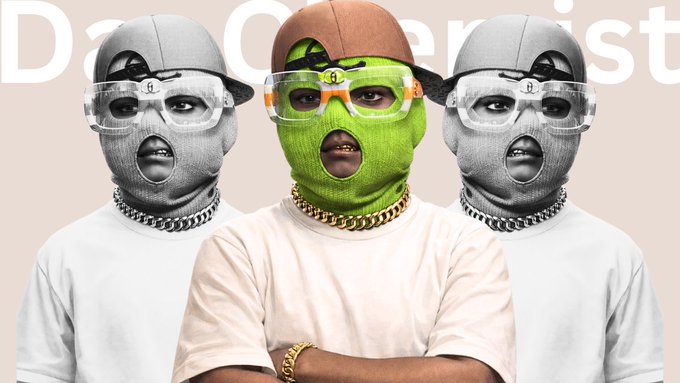 An edited image featuring three figures wearing balaclavas and clear goggles, with the central figure in green against text that reads 'Dollar Christ'.