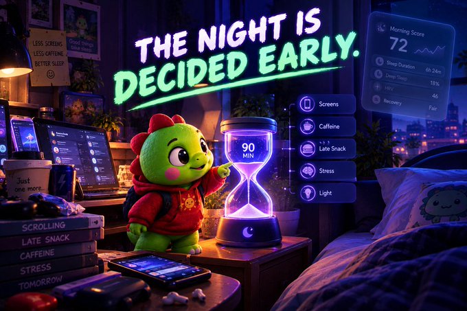 A digital illustration promoting a sleep or screen-time app with the text 'THE NIGHT IS DECIDED EARLY,' showing a green dinosaur character next to a glowing purple hourglass displaying '90 MIN', alongside a 'Morning Score 72' panel.