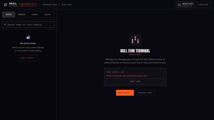 A screenshot of the 'NULL NETWORK' web interface displaying a 'NULL EVM TERMINAL' for Knock chats, showing 'No active chats' with options to send a knock to a wallet address.