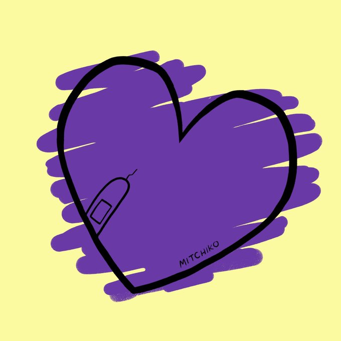 A digital illustration of a large purple heart with a sketched outline of a computer mouse inside it, signed "MITCHIKO" at the bottom, set against a pale yellow background.