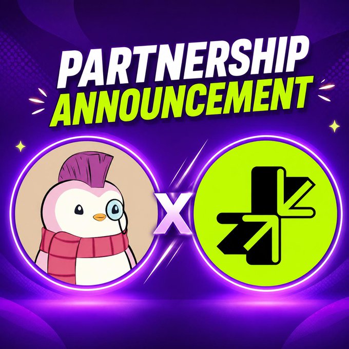 The image is a partnership announcement graphic featuring a penguin mascot wearing a red scarf on the left and a green circular logo on the right, separated by a large "X" symbol, with bold text reading "PARTNERSHIP ANNOUNCEMENT" at the top against a purple background. The graphic visually represents the collaboration mentioned in the post between the penguin character and Limitless, promoting the new partnership to their audience.