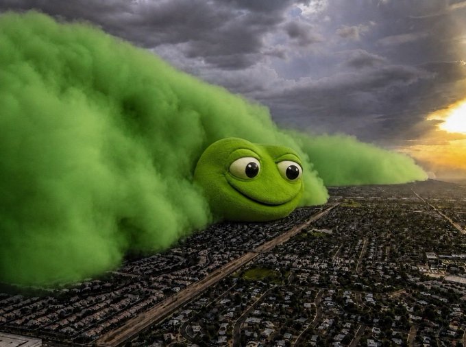 A massive green frog-like creature with a smiling face rolls through a suburban landscape, leaving a huge trail of green dust in its wake. The image serves as a dramatic visual metaphor for the unstoppable, large-scale growth and momentum of the $TOAD MAXI meme token mentioned in the post.