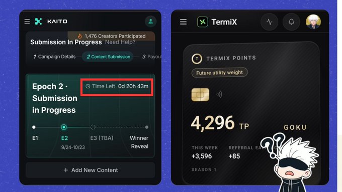 Two dark crypto-style app screens appear side by side: “KAITO” shows “Submission In Progress” and “Epoch 2,” while “TermiX” shows “4,296 TP” and “GOKU.”