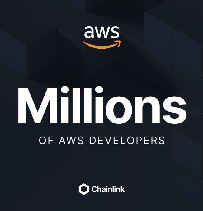 The image features a black background with white text that reads "MILLIONS OF DEVELOPERS NOW HAVE ACCESS TO CHAINLINK WITH THE @chainlink standard now live on AWS Marketplace, millions of businesses can now easily build applications with $LINK infrastructure". The image also includes an image of a block chain logo and the word "aws" in orange.