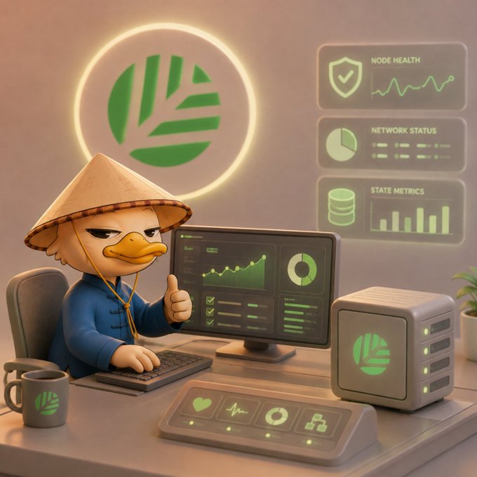A duck wearing a conical hat gives a thumbs up while sitting at a desk with a computer, showing dashboards labeled "NODE HEALTH," "NETWORK STATUS," and "STATE METRICS," alongside the CNPY Network logo. The image visually represents the post's point about CNPY Network providing built-in node monitoring tools—health checks, telemetry, and state metrics—rather than forcing users to piece together complex validator tooling themselves.