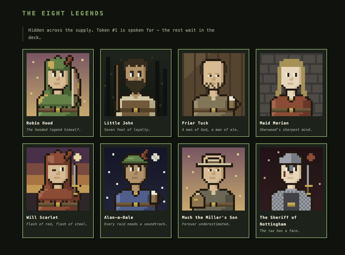 A pixel-art graphic titled "THE EIGHT LEGENDS" featuring eight characters: Robin Hood ("The hooded legend himself"), Little John, Friar Tuck, Maid Marian, Will Scarlet, Alan-a-Dale, Much the Miller's Son, and The Sheriff of Nottingham ("The tax has a face").