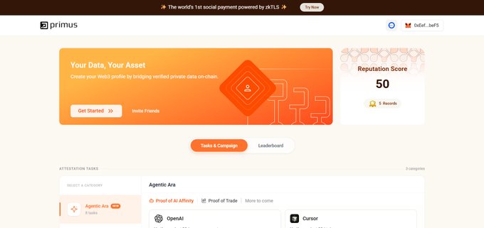 Screenshot of the Primus website displaying 'Your Data, Your Asset' branding, a Reputation Score of 50, and the Agentic Arts task category.