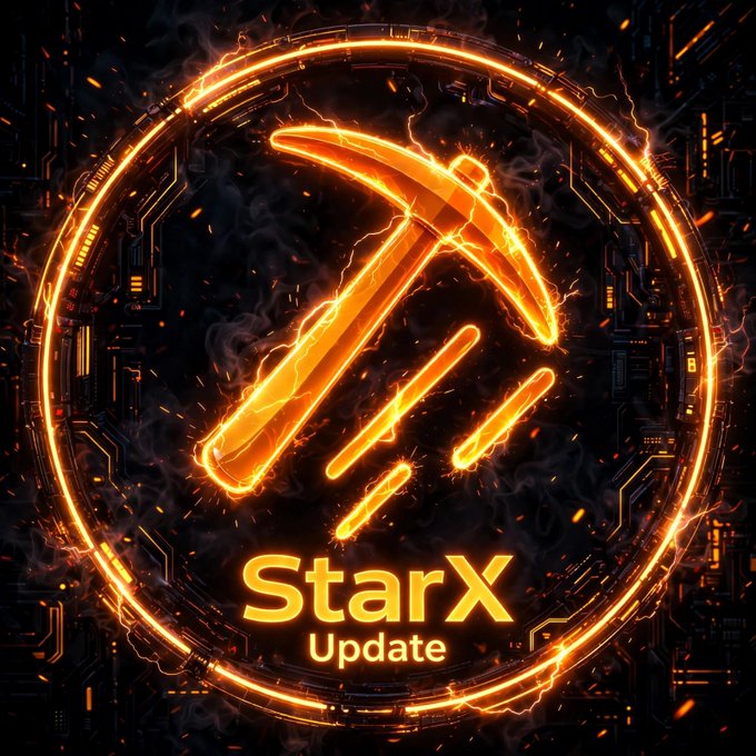 A fiery orange logo design featuring a glowing pickaxe icon inside a circular tech-inspired frame with the text "StarX Update" at the bottom.