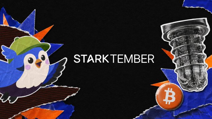 A promotional graphic for "STARKTEMBER" featuring a cartoon bird mascot wearing a green cap on the left and a tornado-shaped structure alongside a Bitcoin (₿) logo on the right, all set against a torn paper background in orange, blue, and black tones, visually representing the fusion of Bitcoin and Starknet's DeFi ecosystem as discussed in the post about strkBTC.