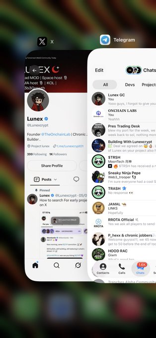 A screenshot showing the X (Twitter) profile of 'Lunex' (@Lunexrypt) alongside an open Telegram chat list featuring various crypto-related contacts like 'Lunex GC' and 'Sneaky Ninja Pepe'.