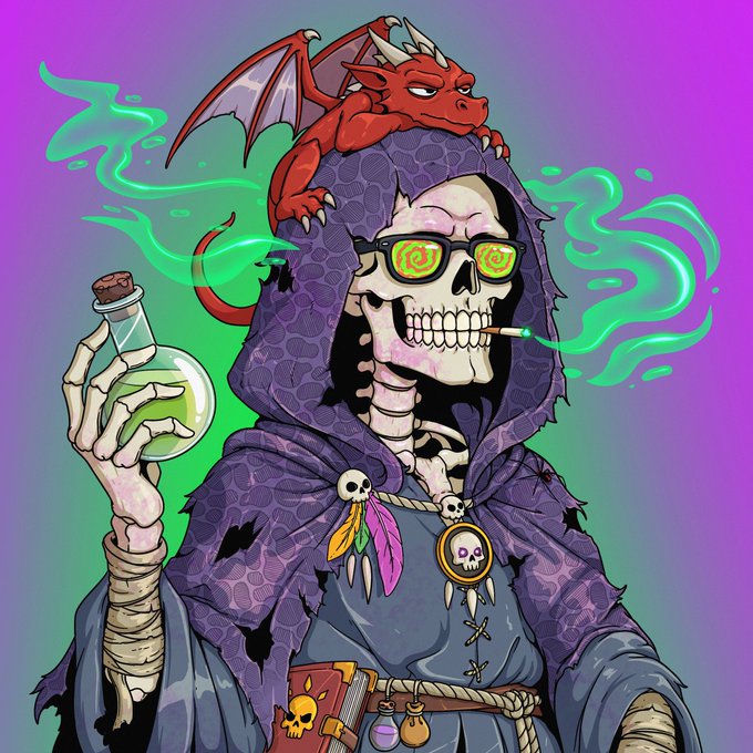 A colorful illustration of a skeleton character wearing a tattered purple hooded robe, with a small red dragon perched on its head, holding a green potion bottle and wearing sunglasses with spiral designs, while smoking a green cigarette.