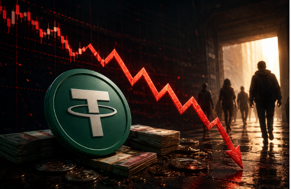 A dramatic illustration depicting a Tether (USDT) cryptocurrency coin with stacks of cash, set against a red downward-trending stock chart with silhouetted figures walking through a doorway, suggesting financial decline or market crash.