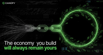 A Canopy promotional graphic showing a glowing green chain transforming into a leafy circle with the text 'The economy you build will always remain yours'.