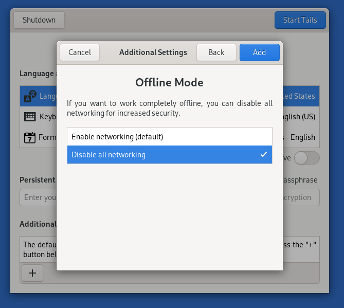 A screenshot of the Tails OS 'Offline Mode' settings menu, with the 'Disable all networking' option selected.