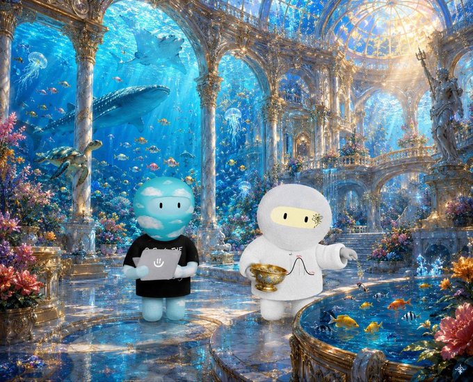 Two 3D-rendered characters, one blue and one white, stand in an opulent underwater palace filled with marine life including a whale, jellyfish, and tropical fish; the blue character holds a tablet while the white character pours liquid from a golden goblet.