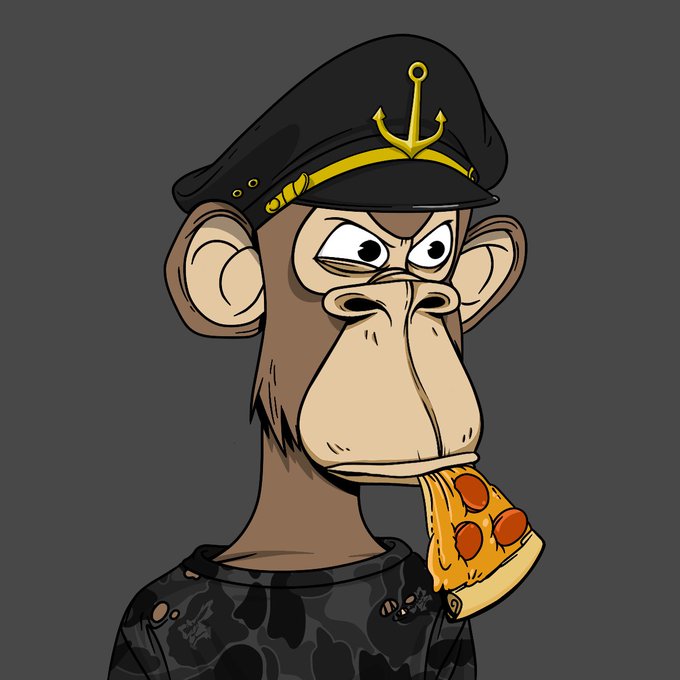 A cartoon illustration of an angry monkey wearing a black captain's hat with a gold anchor emblem, eating a slice of pepperoni pizza against a gray background.