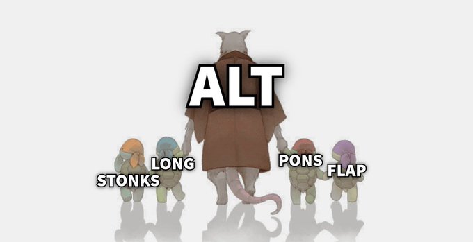 A meme featuring a large rat labeled "ALT" surrounded by four smaller turtles labeled "STONKS," "LONG," "PONS," and "FLAP," referencing the Teenage Mutant Ninja Turtles and their master Splinter.