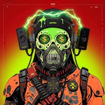 Stylized illustration of a skull-headed soldier wearing a green helmet labeled 'GIFBK,' headphones, and speakers, set against a red background with green lightning effects.