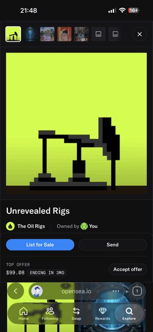 A mobile screenshot of OpenSea showing an NFT titled 'Unrevealed Rigs' from 'The Oil Rigs' collection, owned by 'You', with a top offer of $99.08 ending in 3M0.