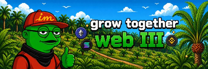 A Pepe the Frog mascot wearing a red cap with 'im' giving a thumbs up next to 'grow together web III' text, with ETH, SOL, and BNB coin icons against a tropical background.