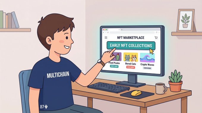 An illustrated cartoon of a man wearing a "MULTICHAIN" shirt pointing at a computer screen displaying an "NFT MARKETPLACE" with collections like "Pixel Punks," "Bored Cats," and "Crypto Waves."